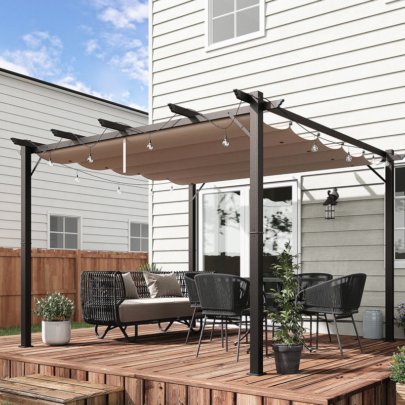 Brown Aluminum Patio Pergola Canopy - 10' X Retractable For Backyard, Garden, Grill Gazebo, Porch Party Outdoor Backyard Gazebo Garden Shade