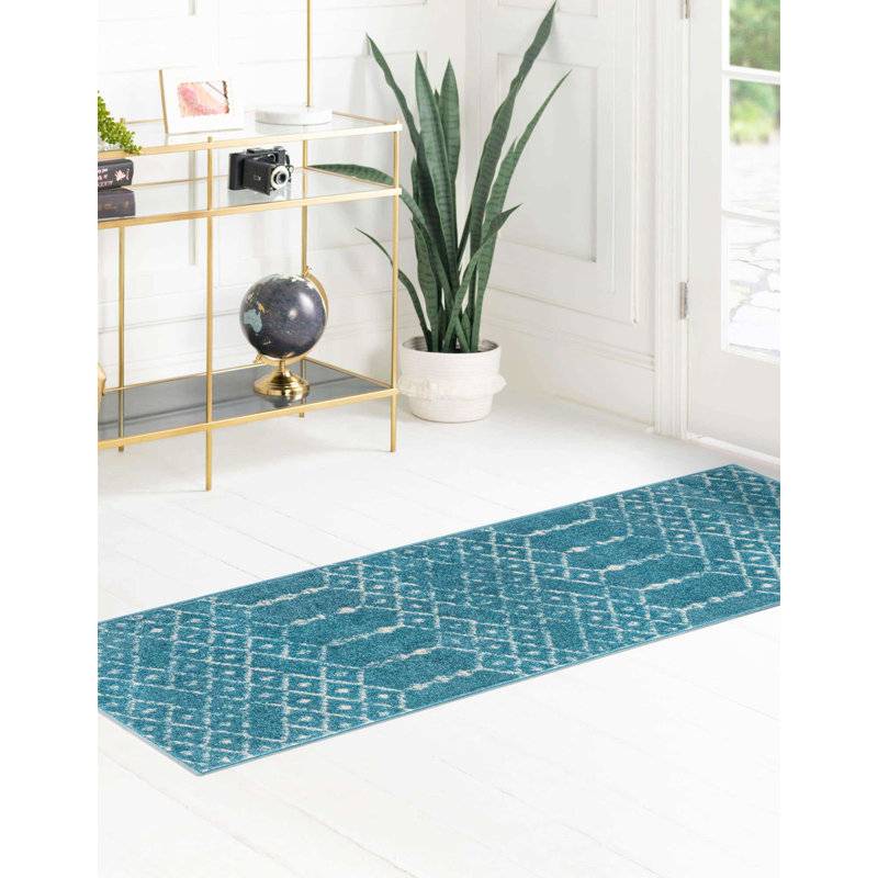 Sierra Geometric Area Rug, Runner 2' x 9'10", Teal Blue