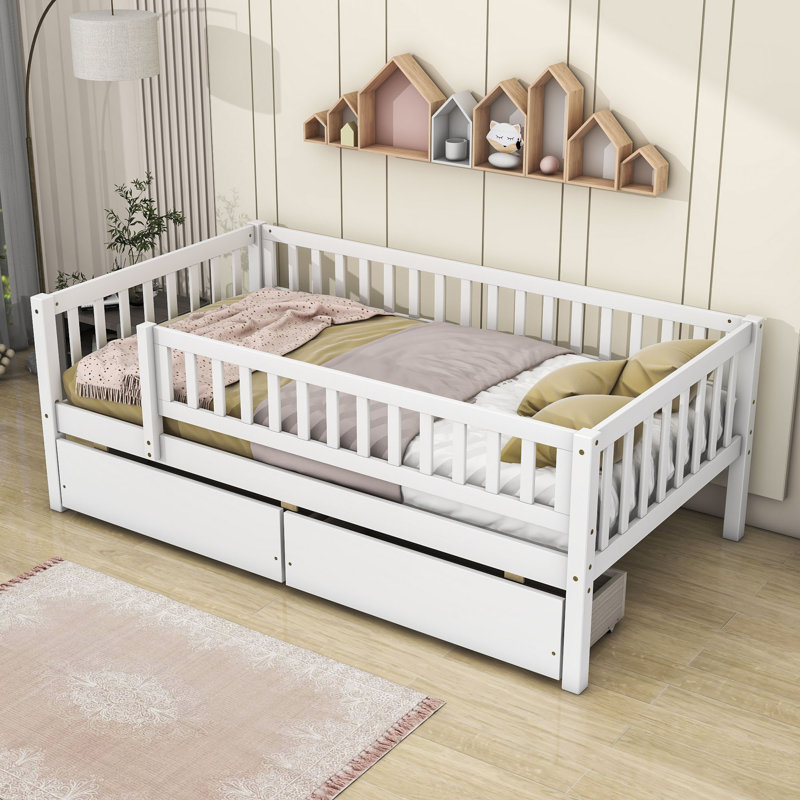 Rowanne Wooden Daybed Wood Bed with Two Drawers and Fence, Twin, White