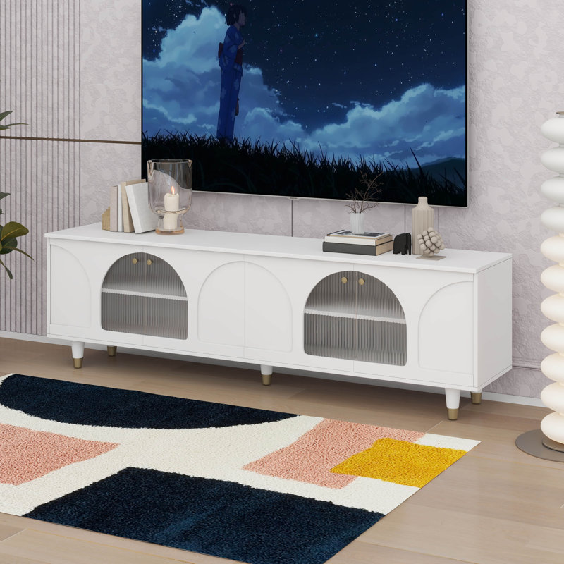 Meuble télé contemporain avec tablettes réglables, portes en verre cannelé, Blanc