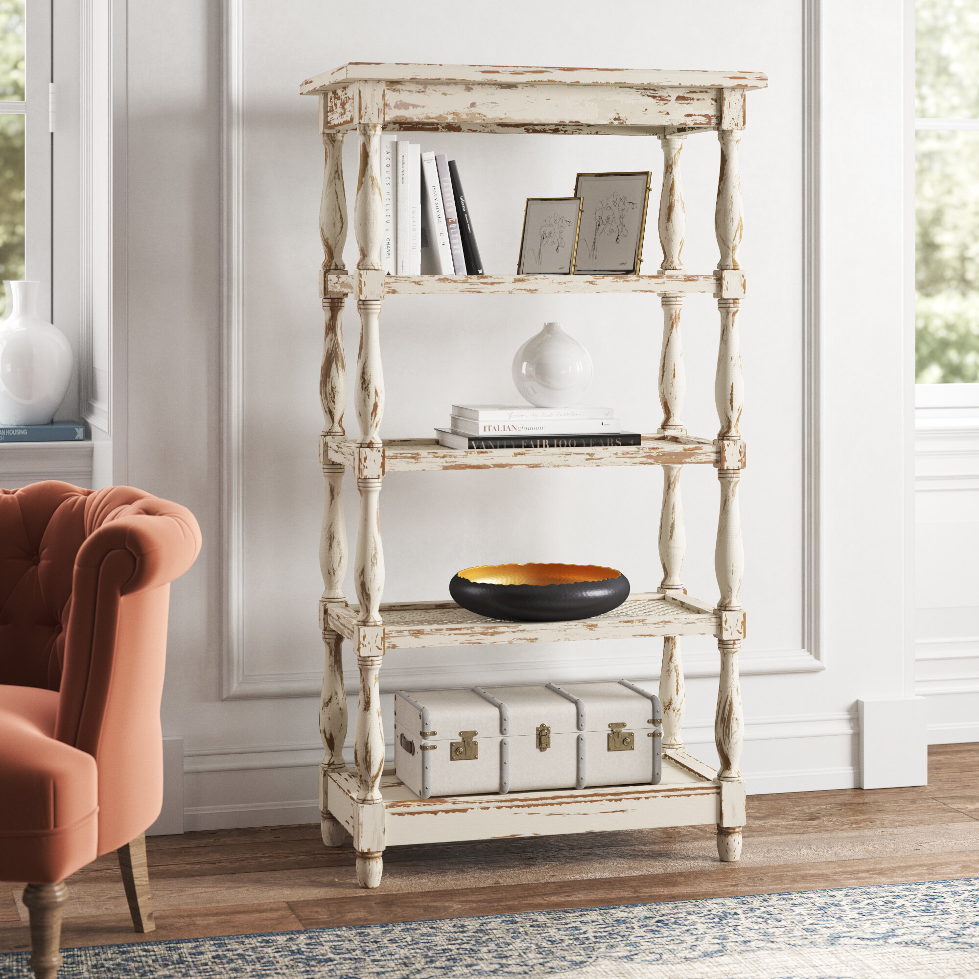 Kelly Clarkson Home Adella White Wood Distressed Open 5 Shelf Shelving Unit  with Spindle Sides and Mesh & Reviews