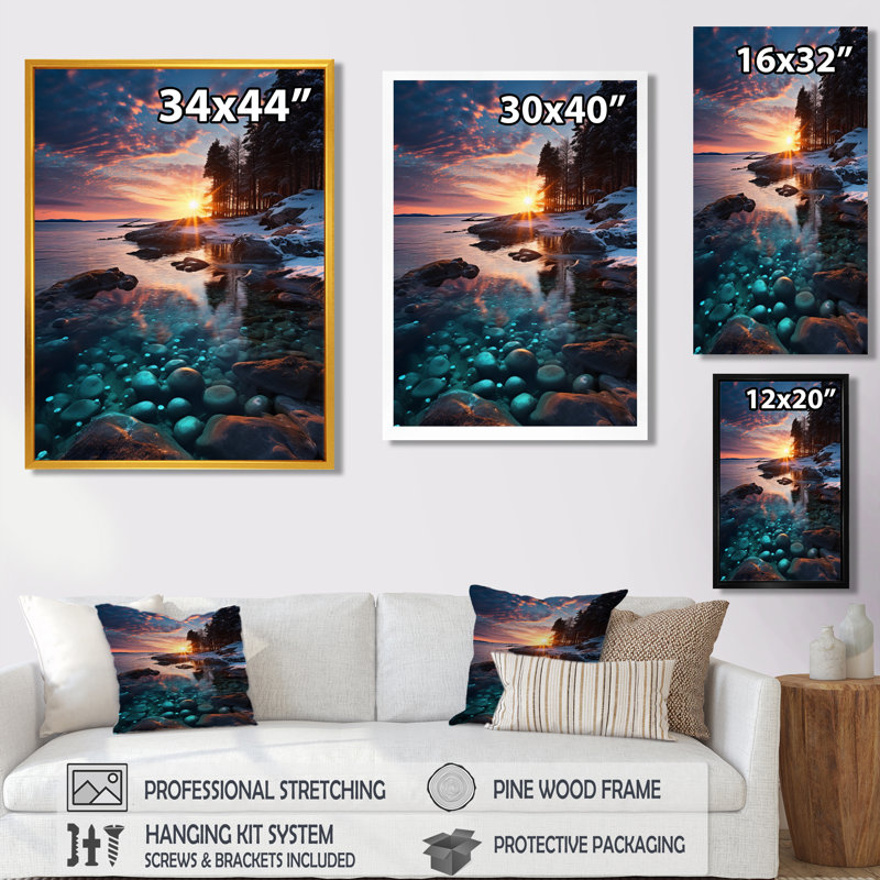 Coucher de soleil à travers les arbres, Islande, Rock Beach - plage et océan, art mural, Toile avec cadre flottant noir