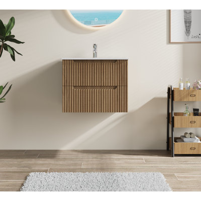 24" Wall-mount Bathroom Vanity Cabinet Set,walnut Floating Cabinet With White Basin Sink Combo