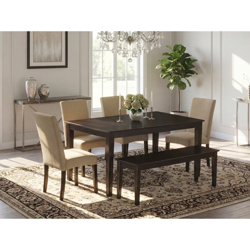 6 Piece Dining Room Table Set Contains a Rectangle Kitchen Table and 4 Brown Linen Fabric Parson Chairs with a Bench, Cappuccino