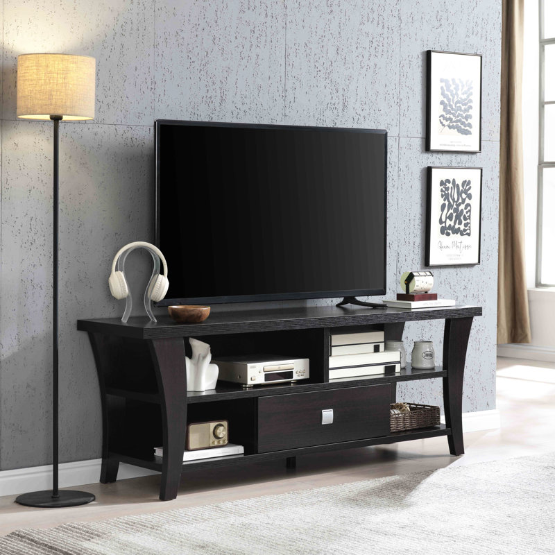 Tv Stand With Curved Leg Design, Metal Square Handle, Divided Shelf, 60 - 69 Inch Compatible Stand, One Drawer,