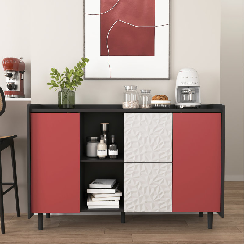 Modern Sideboard Buffet Cabinet With Black Body And Blue Doors, 2 Drawers & Open Compartments For Kitchen Dining Room Storage Doors Drawers,