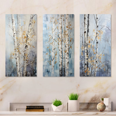 «Silver Birchs Tree Silver Breath» - ensemble de 3 reproductions d'art mural en métal