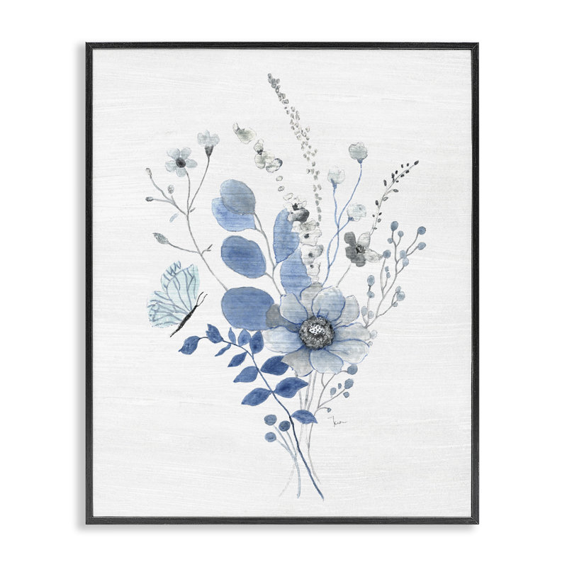 Fleurs subtiles bleues giclées par Janet Tava, Giclée encadrée noir minuit, H 14 po x l 11 po