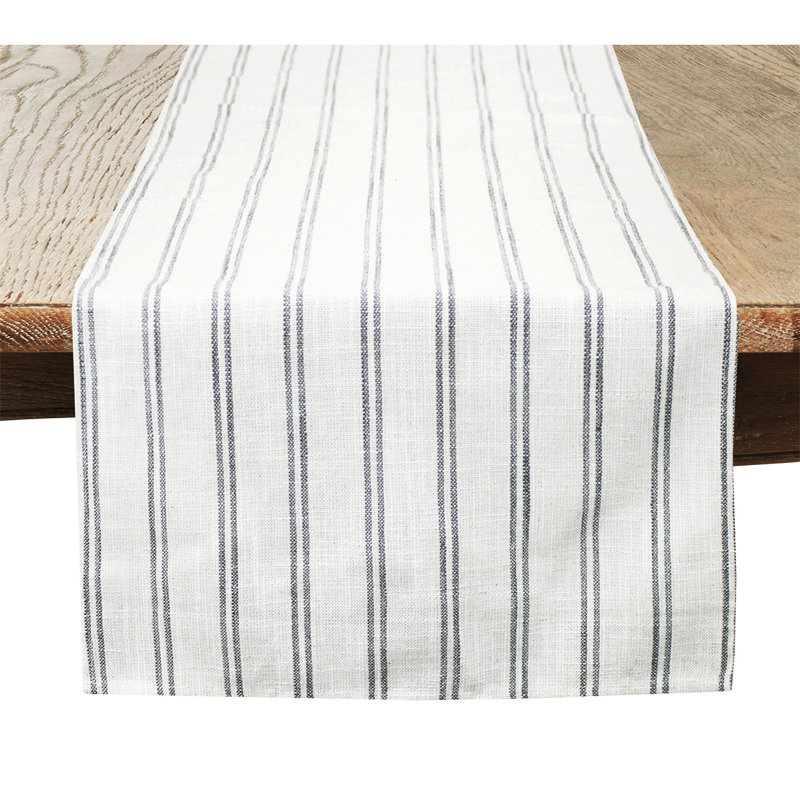 Beige-white Modern Striped Linen Blend Table Runner, 54" x 16", Gray/White