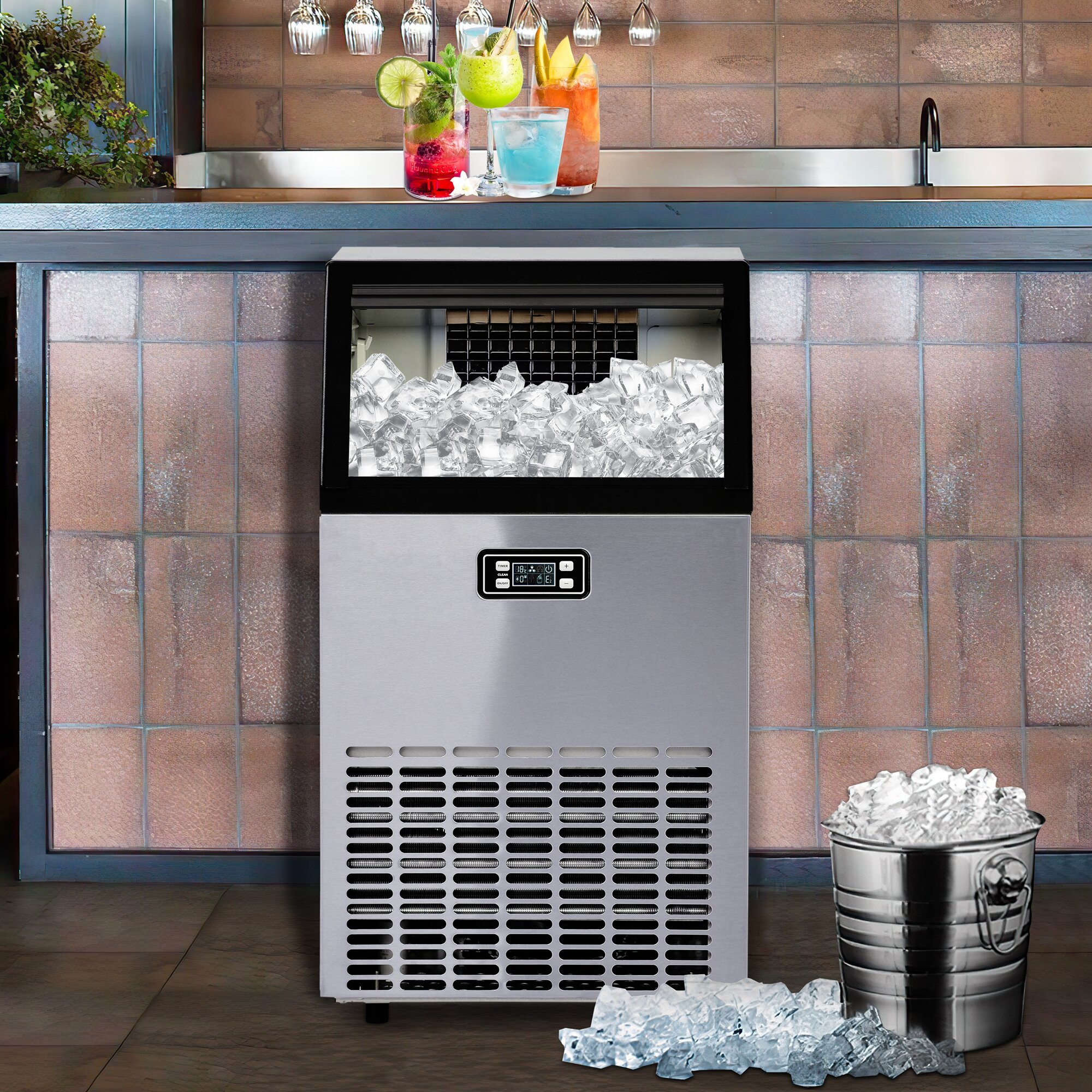 CROWNFUL Commercial Ice Maker 100Lbs/24H, Stainless Steel Ice Machine with  33Lbs Ice Storage Capacity, Free-Standing Under Counter Ice Maker, Ideal