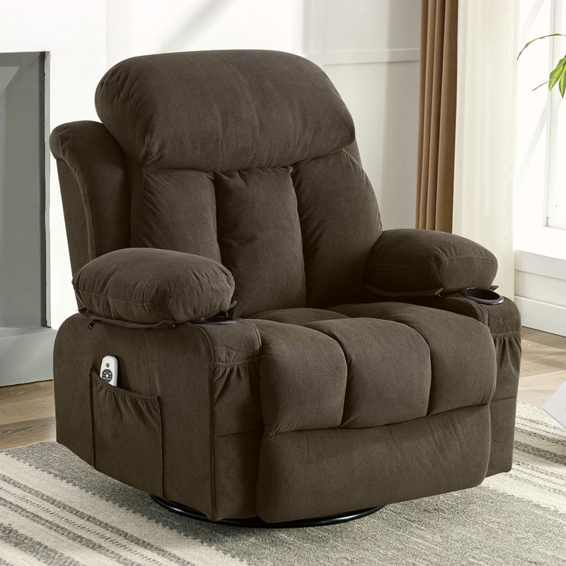 Swinging Recliner Massage Heated Sofa, With USB And 2 Cup Holders In Side Pockets, Brown