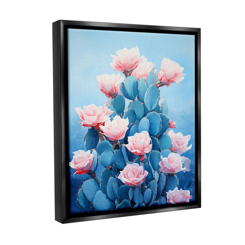 "Cactus and Rose Blossoms" par RB sur toile, Cadre flottant noir de jais, H 21 po x l 17 po