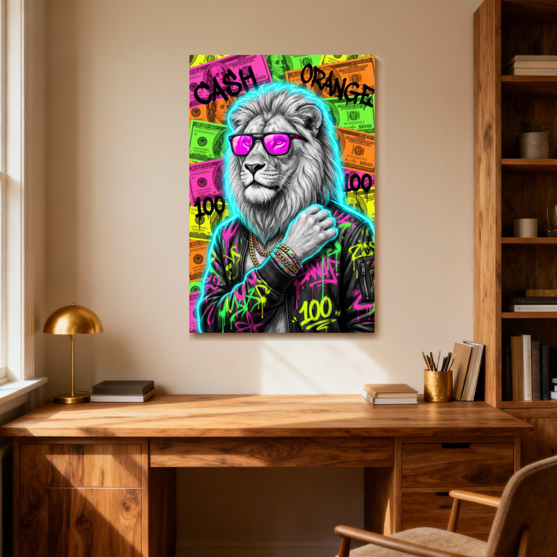 Animaux, lion coloré avec lunettes de soleil et fond d'argent, H 24 po x l 16 po