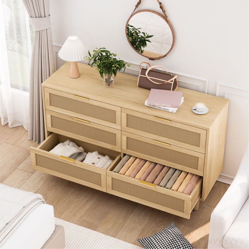 51.18"6-Drawers Rattan Storage Cabinet Rattan Drawer With White Drawer Slides,For Bedroom,Living Room,Natural, Natural