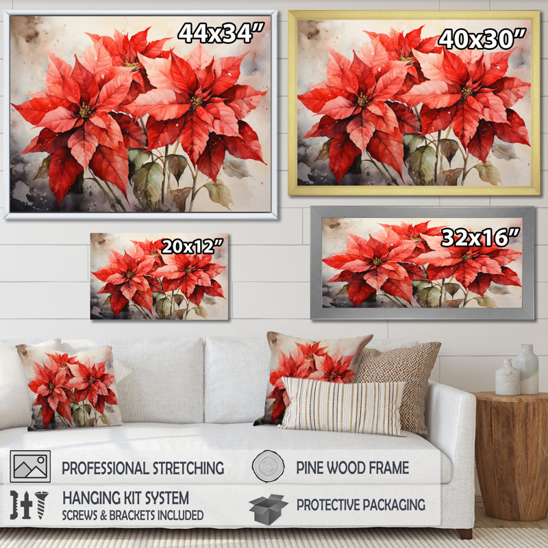 Fleur de poinsettia rétro sur toile, H 16 po x l 32 po x P 1 po, Cadre doré à une seule photo