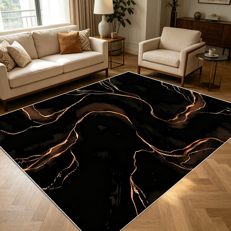 1PC Black Gold Fluid Marble Vein area rugs for Living Room, Soft and Comfortable, Suitable for all seasons, easy-to-maintain, machine washable Indoor floor mat, Under Table Farmhouse suitable for Dining Room, Bedroom, Entryway, Kitchen, Home Office,