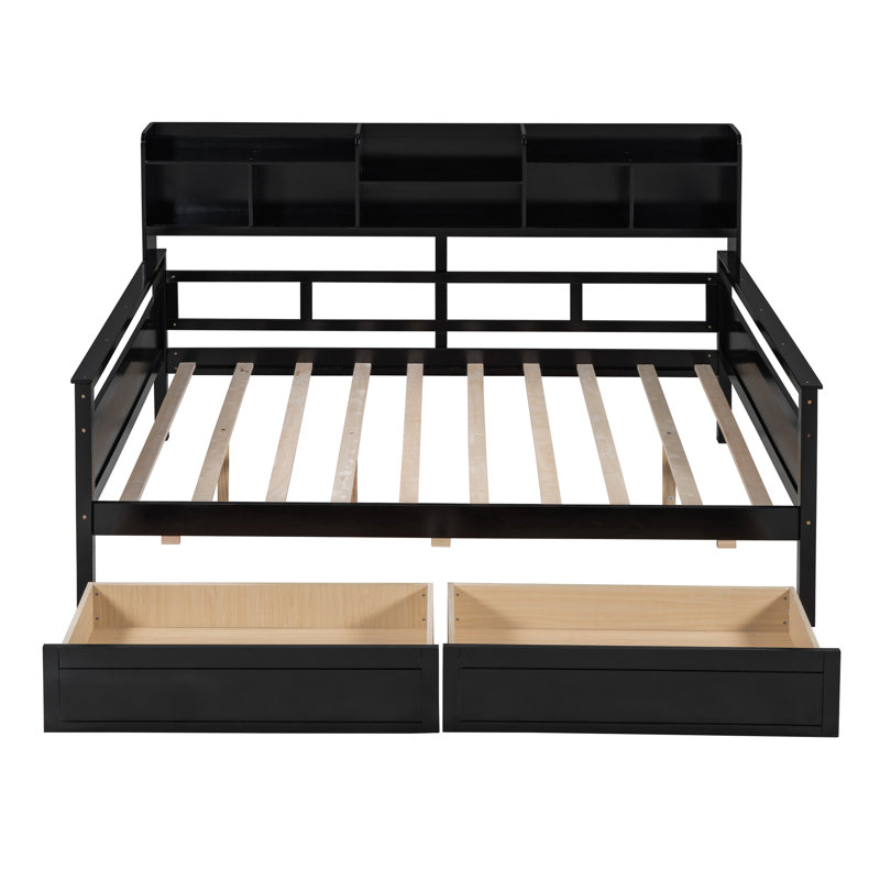 Daybed, Wood Slat Support, With Bedside Shelf And Two Drawers, Full/Double, Espresso