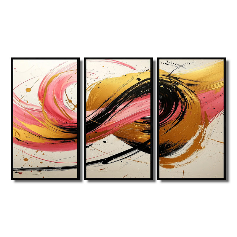 Abstrait cercles abstraits dans des tons roses et dorés - ensemble de salon art abstrait formes murales