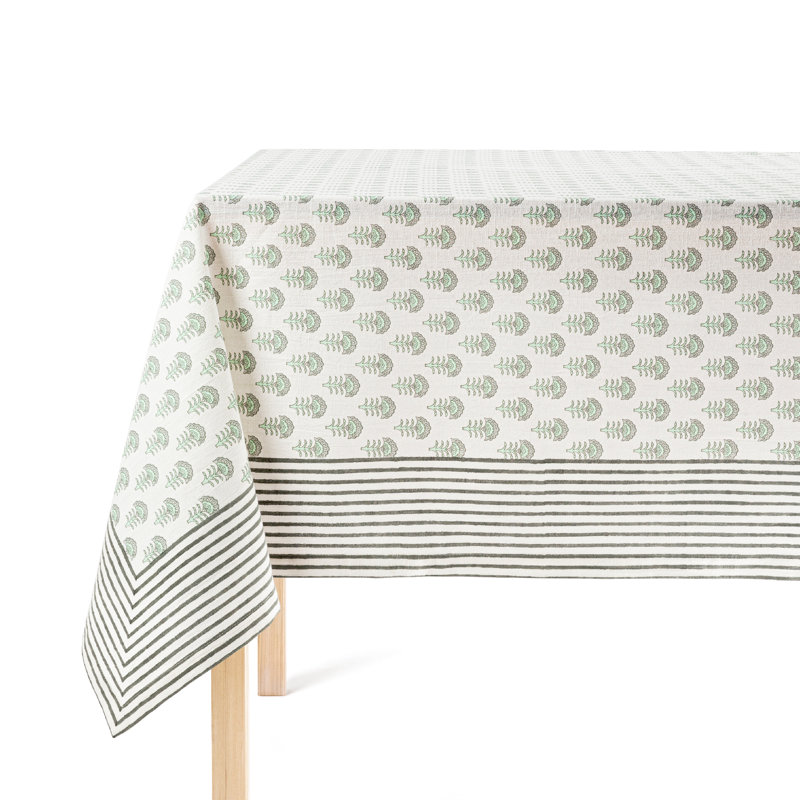 Hand-Screened Green Flower Cotton Rectangular Tablecloth