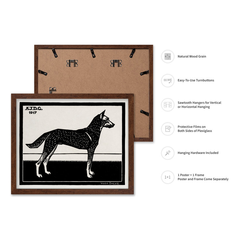 Chien noir et blanc, H 08 po x l 10 po, Poster, Brown Framed