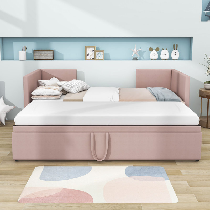Upholstered Velvet Daybed with Trundle Bed, Pink