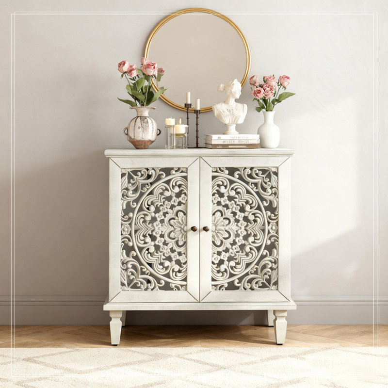 2-Door Display Storage Sideboard,Adjustable Shelf and Solid Wood Legs, Antique White