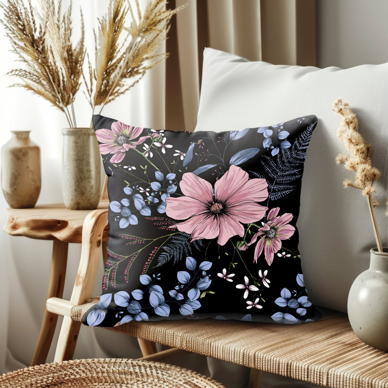 Housse de coussin, Bleu foncé, fleurs, H 17,5 po x l 17,5 po