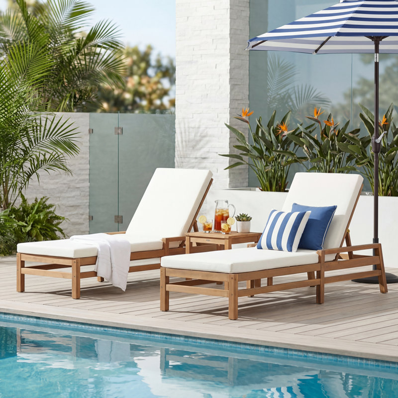 5-Position Adjustable Outdoor Chaise Lounge, Solid Wood Patio Recliner with Thick Cushions, Weather-Resistant for Pool, Balcony & Garden