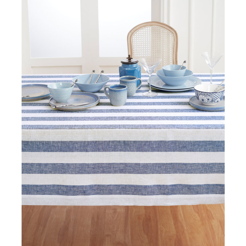 Cabana Stripe - 100% Pure Linen Tablecloth, 90" x 60", Navy/White
