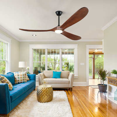 Ventilateur de plafond à 3 pales de 60 po Wrought Studio ™ - lumière et télécommande, moteur à courant continu à haute puissance en pi³ / min, ventilateurs de plafond en bois de noyer massif, intérieur / extérieur / patio (bord de mer / maison de campagne)