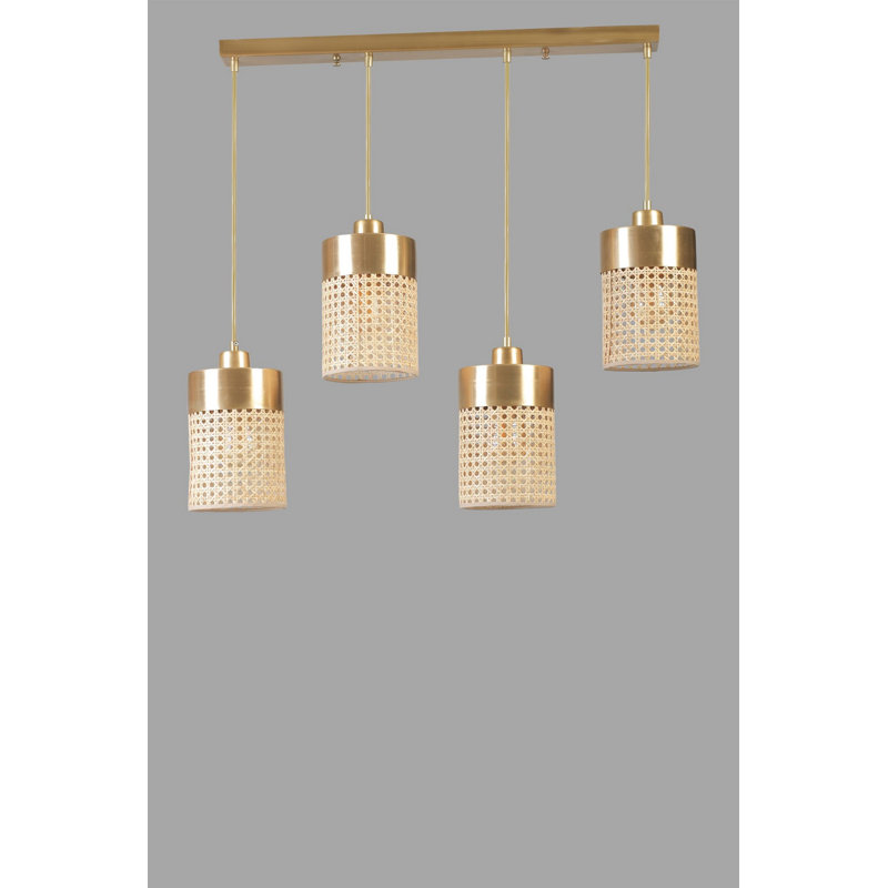 Elegant Rattan Chandelier with Metal Body, Antique Coated Finish, Adjustable Height 27.6 to 39.4 inches | 14 inches Diameter Cap | E27 Socket, Max 40W | Perfect for Living Room & Dining Room Décor, Gold & Natural Rattan Design