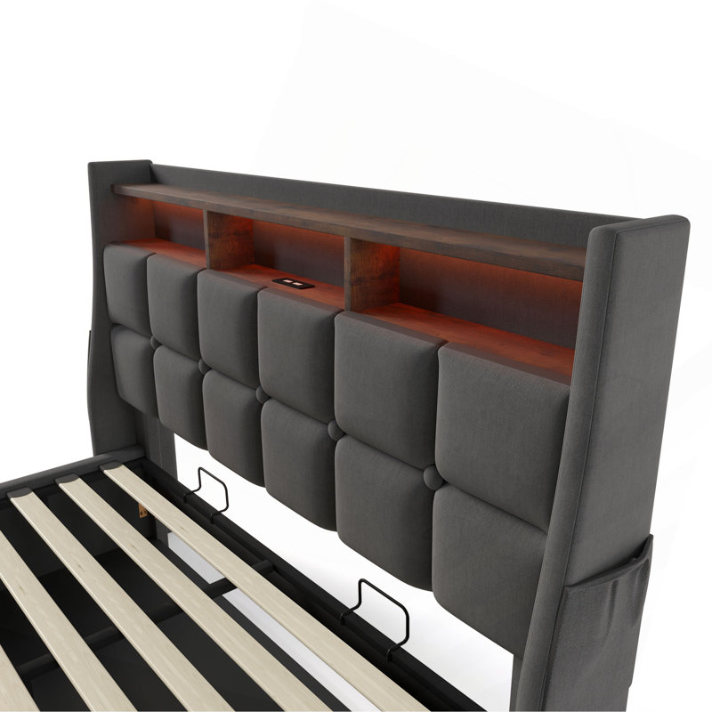 Grand lit plateforme tapissier avec système de rangement hydraulique, chargement par DEL et USB (sans matelas), Grand lit