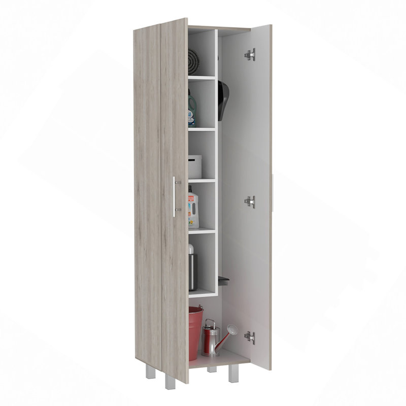 Armoire de nettoyage, armoire à deux portes, quatre pieds, cinq tablettes, Naturel