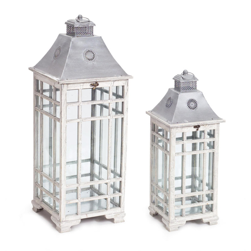 Ensemble de deux bougeoirs de lanterne de sol géométrique en métal vieilli blanc et argent