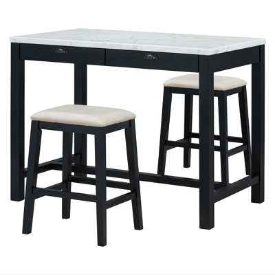 Modern Bar Dining Table Set With Storage Drawers And Padded Stools
