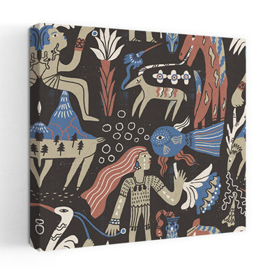 Mystical Folk Art Creatures Mystical Abstract Bird Deer Fish Forest Landscape Wall Art Print 1 Piece Wrapped Canvas Wall Art