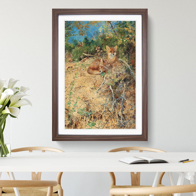 Fox Cubs by Bruno Liljefors - Picture Frame Painting, Walnut Framed, 36cm H x 27cm W x 2cm D