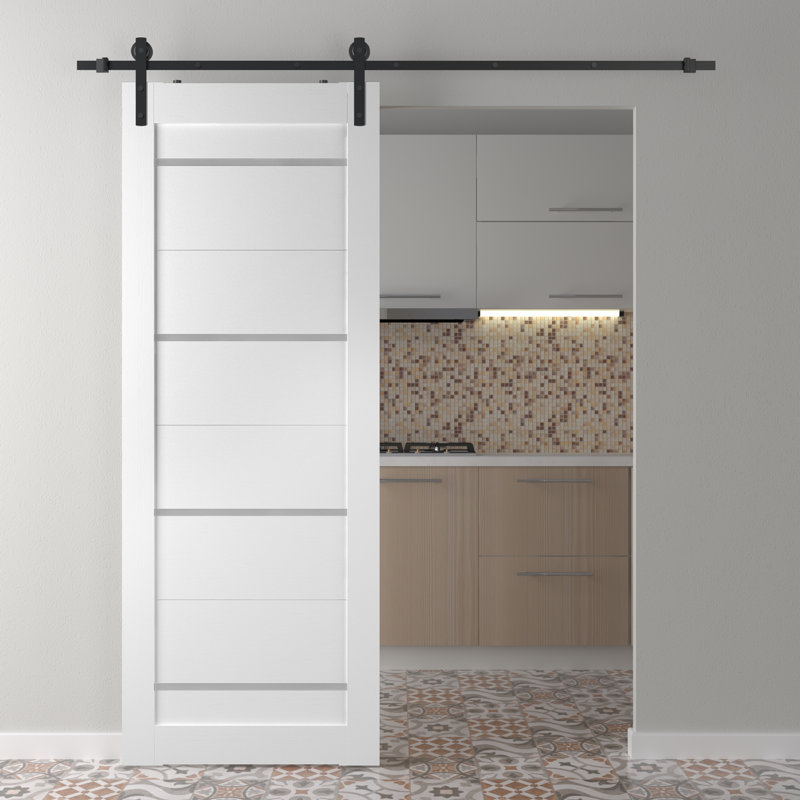 Porte de grange préfinie en bois et verre Mika avec trousse de quincaillerie d'installation, 29,75 po x 83,23 po