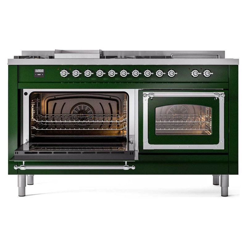 ILVE Nostalgie II Noblesse 60 in Dual Fuel Range 7 Burner, Griddle, Frenchtop, Emerald Green/Chrome, Natural Gas