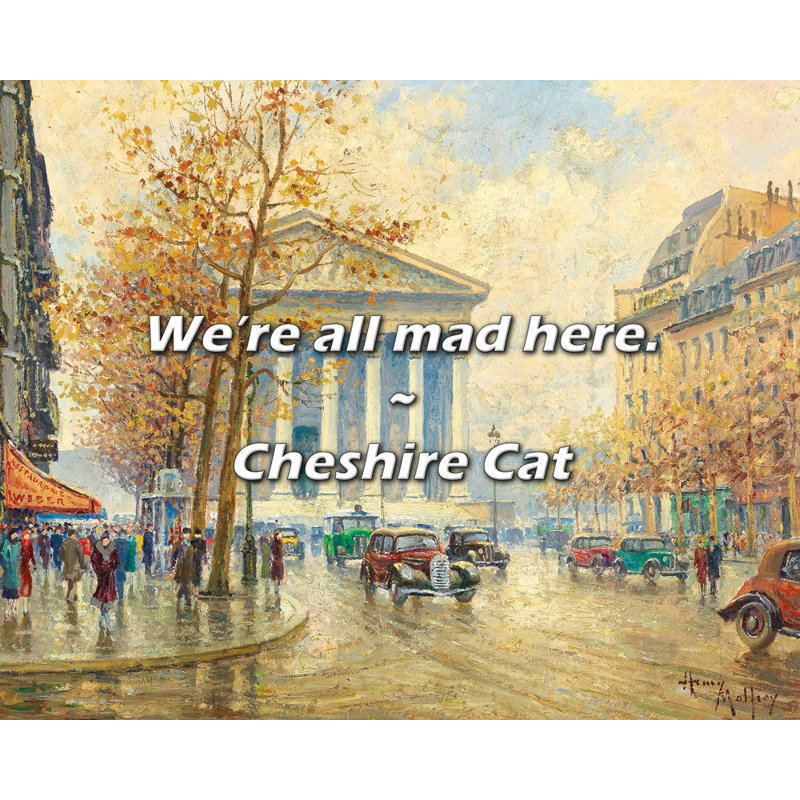 Cheshire Cat Quote: Nous sommes tous fous ici., H 15 po x l 18 po