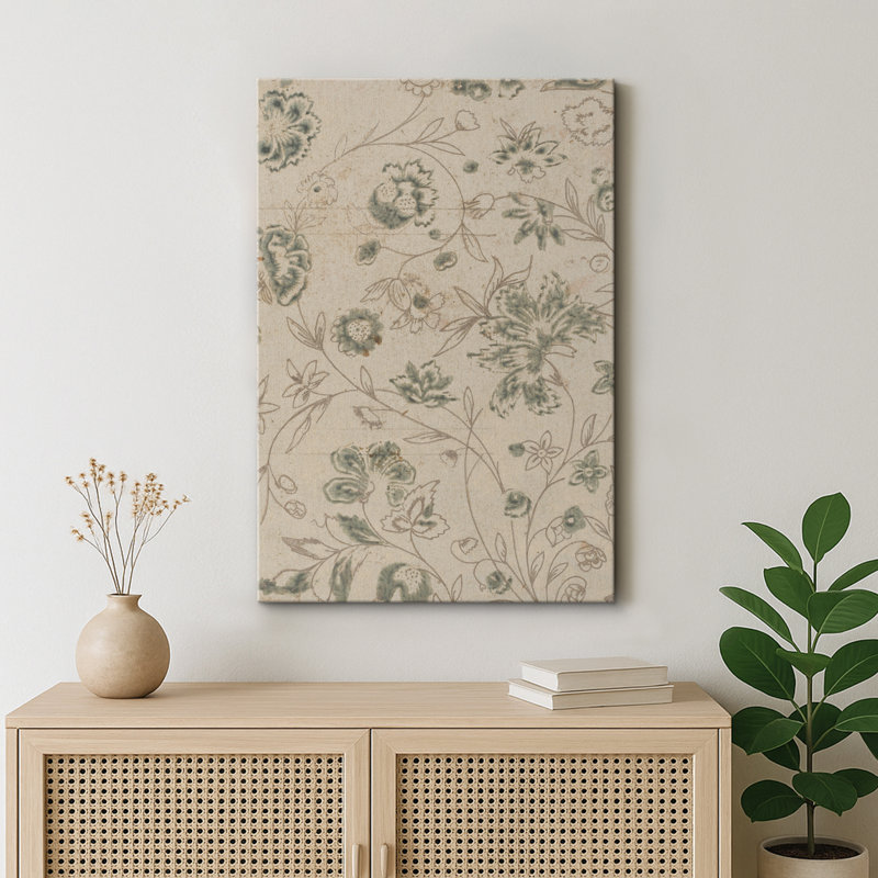 Abstrait botanique rétro fleur verte, illustration rustique moderne salon photos, impression numérique sur toile giclée encadrée