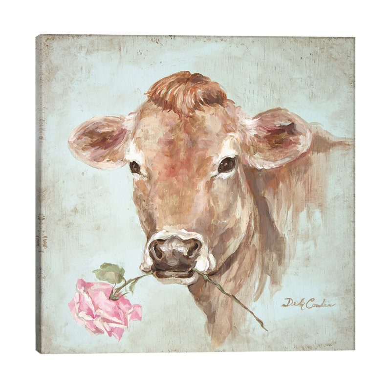 Cow With Rose by Debi Coules - Painting on Canvas, No Frame, 45.72 cm H x 45.72 cm W x 3.175 cm D