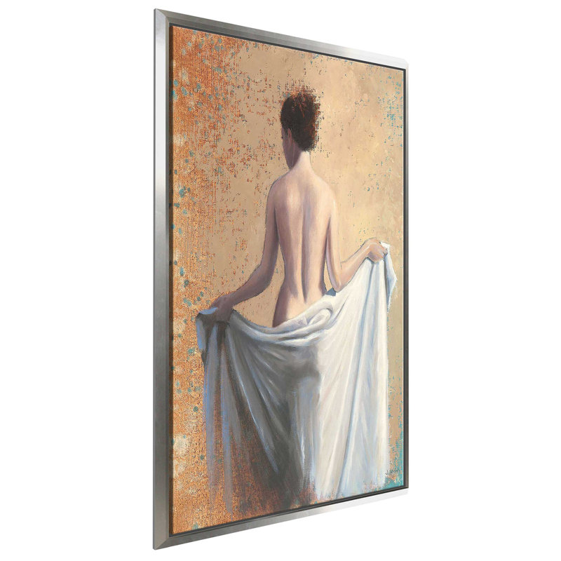 Après le bain corail par James Wiens - Peinture, H 33,5 po x l 21,5 po x P 2 po, Cadre flottant argent
