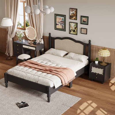 3 Pieces Bedroom Set With Full Size Wooden Bed Frame, 1 Vintage Nightstand And 1 Makeup Vanity Set With Stool,
