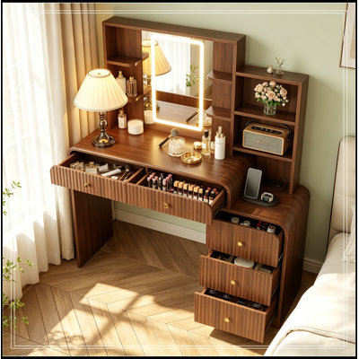 Bureau de maquillage avec miroir lumineux, 5 tiroirs et tablettes de rangement ouvertes