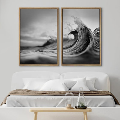 «Faded Green and Gray Wave Landscape Abstract Shapes», 2 pièces sur toile