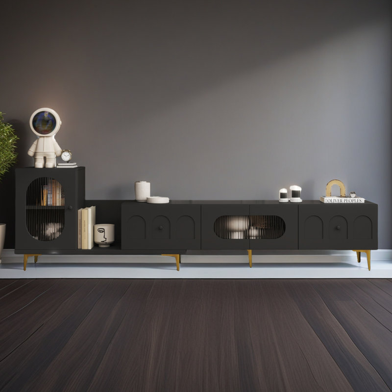 Meuble télé rectangulaire en bois avec meuble télé extensible, console télé média pour la chambre à coucher du salon, Noir
