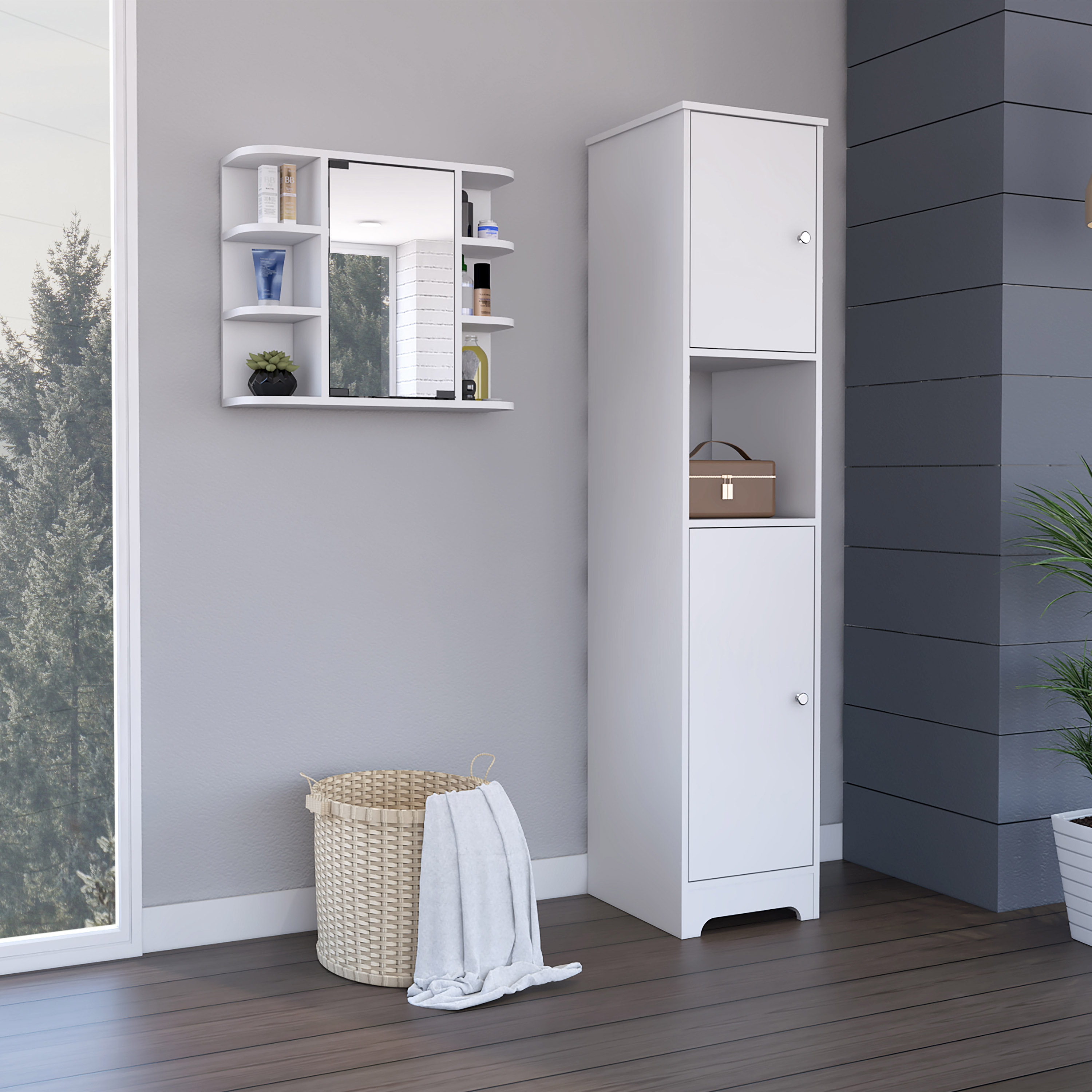 KIHO Depot E-Shop Yonkers 2 Piece Bathroom Set, Linen Cabinet + Medicine Cabinet | Wayfair
