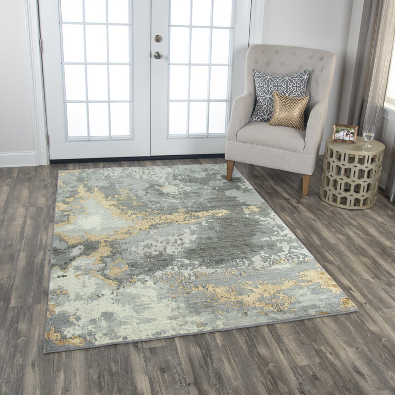 Tapis gris / blanc cassé / beige en laine tissé à la machine, Rectangle 9 pi x 12 pi