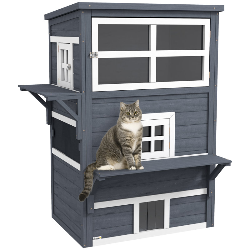 Maison d'extérieur pour chat avec plancher surélevé Monte, Gris foncé / Blanc